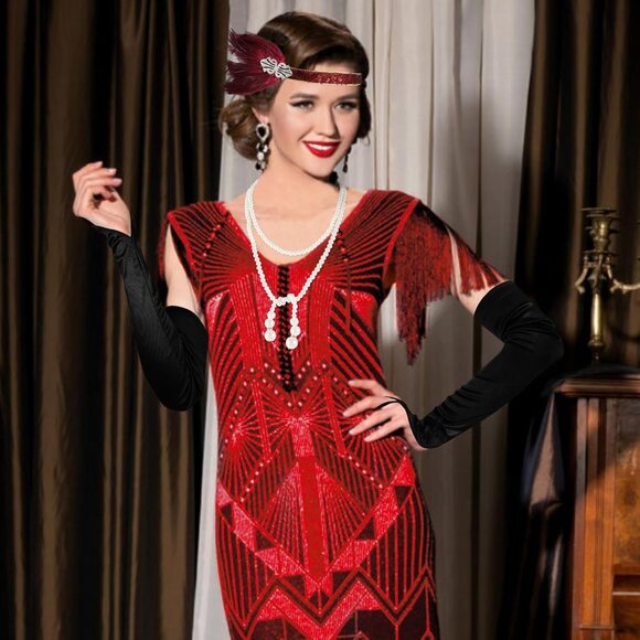 1920s Flapper Accessories Set Pearl Necklace Gloves Feather Headband - Picture 2 of 7